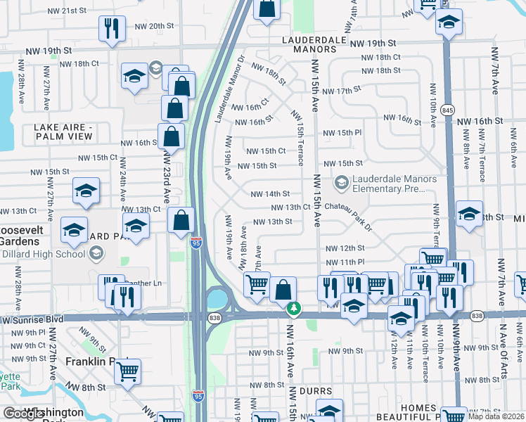 map of restaurants, bars, coffee shops, grocery stores, and more near 1701 Northwest 13th Street in Fort Lauderdale