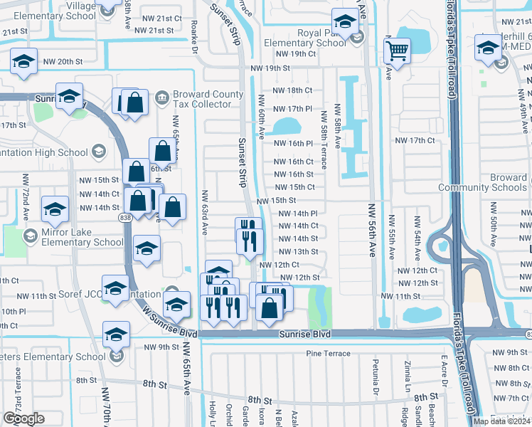 map of restaurants, bars, coffee shops, grocery stores, and more near 5990 Northwest 14th Place in Sunrise