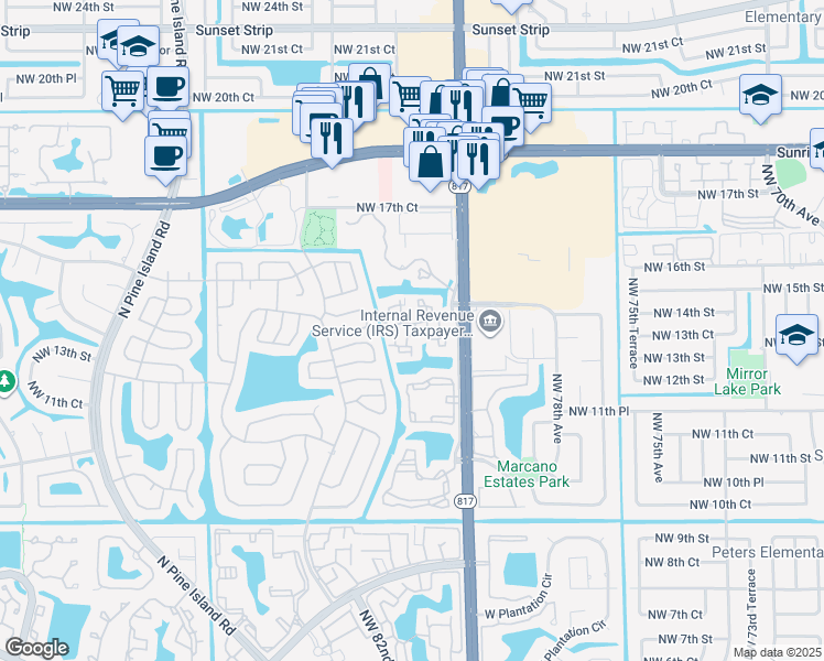 map of restaurants, bars, coffee shops, grocery stores, and more near 1368 Northwest 81st Avenue in Plantation