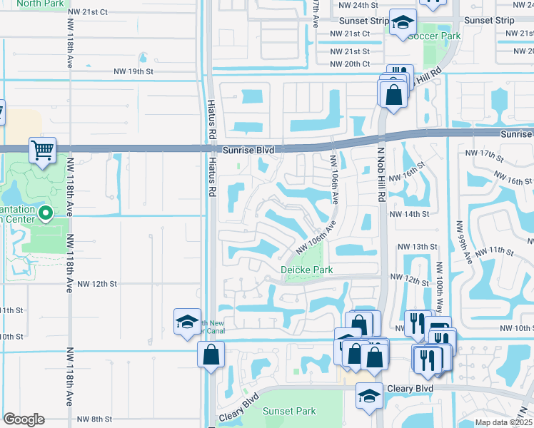 map of restaurants, bars, coffee shops, grocery stores, and more near 10749 Northwest 12th Manor in Plantation