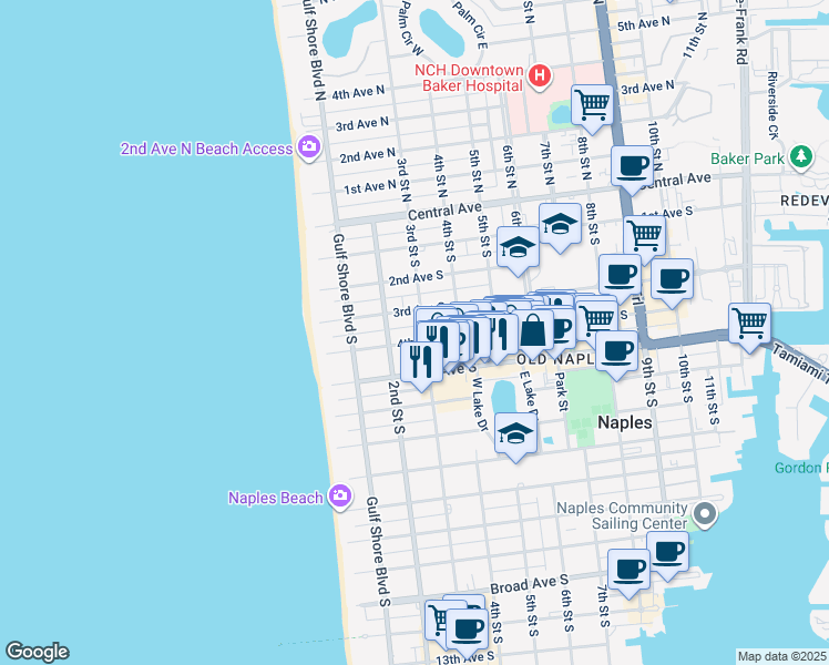 map of restaurants, bars, coffee shops, grocery stores, and more near 265 4th Avenue South in Naples