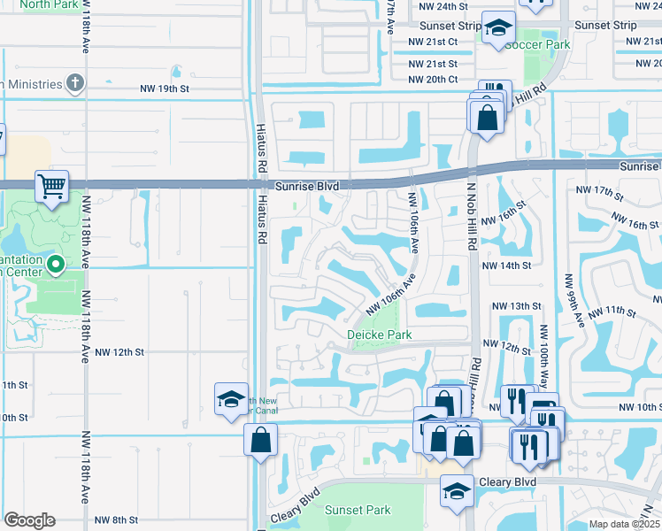 map of restaurants, bars, coffee shops, grocery stores, and more near 10749 Northwest 12th Manor in Plantation
