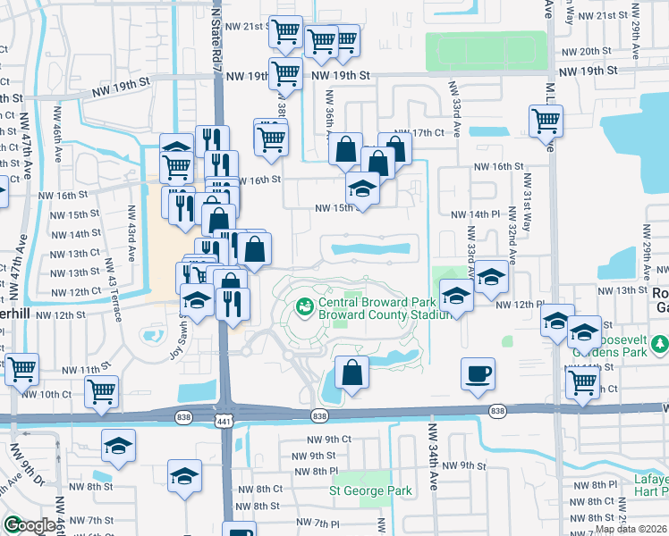 map of restaurants, bars, coffee shops, grocery stores, and more near 3596 Northwest 13th Street in Lauderhill