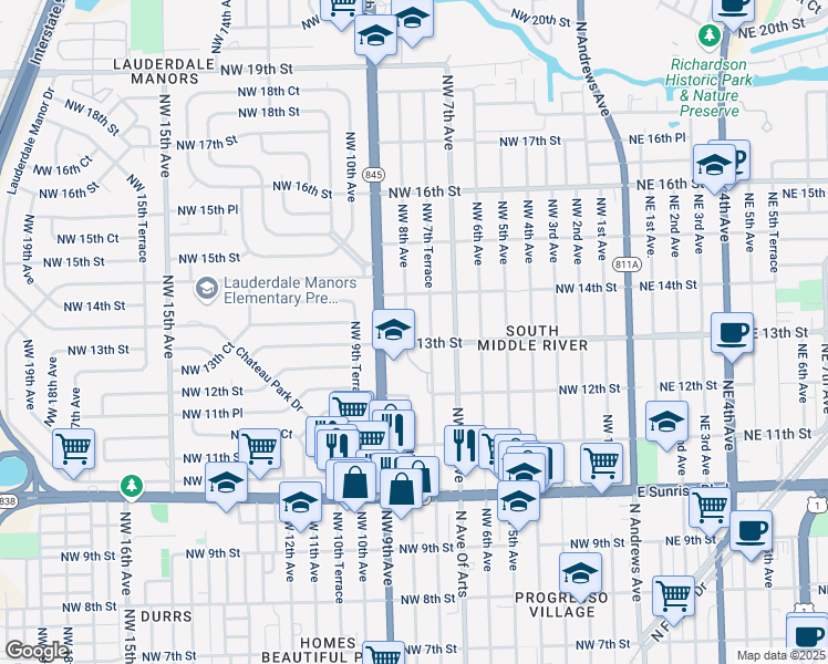map of restaurants, bars, coffee shops, grocery stores, and more near 1306 Northwest 8th Avenue in Fort Lauderdale