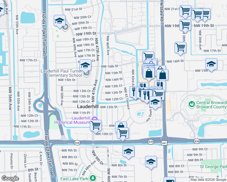 map of restaurants, bars, coffee shops, grocery stores, and more near 4430 Northwest 13th Street in Lauderhill