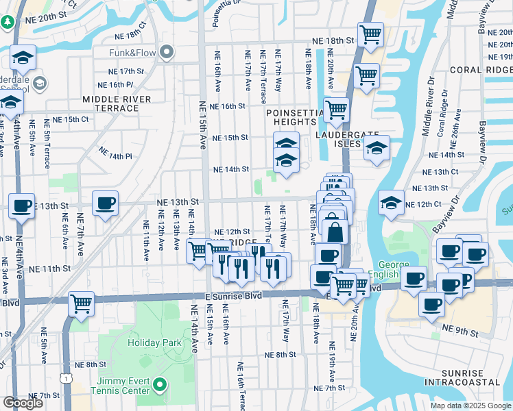 map of restaurants, bars, coffee shops, grocery stores, and more near 1228 Northeast 17th Avenue in Fort Lauderdale