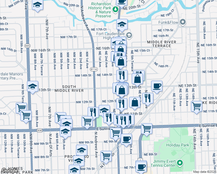 map of restaurants, bars, coffee shops, grocery stores, and more near 206 Northeast 13th Street in Fort Lauderdale