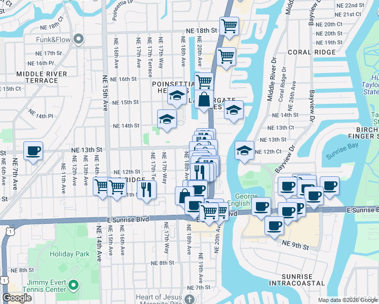 map of restaurants, bars, coffee shops, grocery stores, and more near 1223 Northeast 18th Avenue in Fort Lauderdale