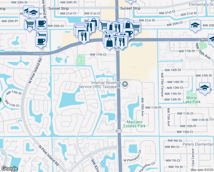 map of restaurants, bars, coffee shops, grocery stores, and more near 8101 Northwest 14th Street in Plantation