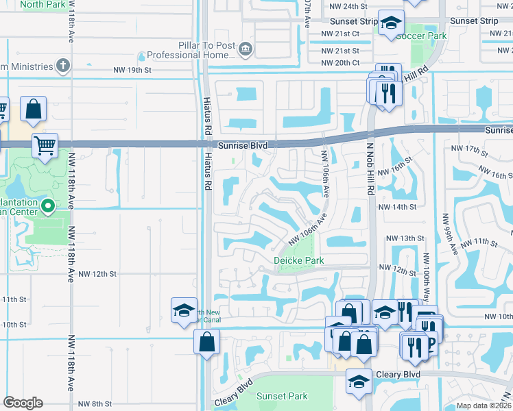 map of restaurants, bars, coffee shops, grocery stores, and more near 1289 Northwest 108th Avenue in Plantation