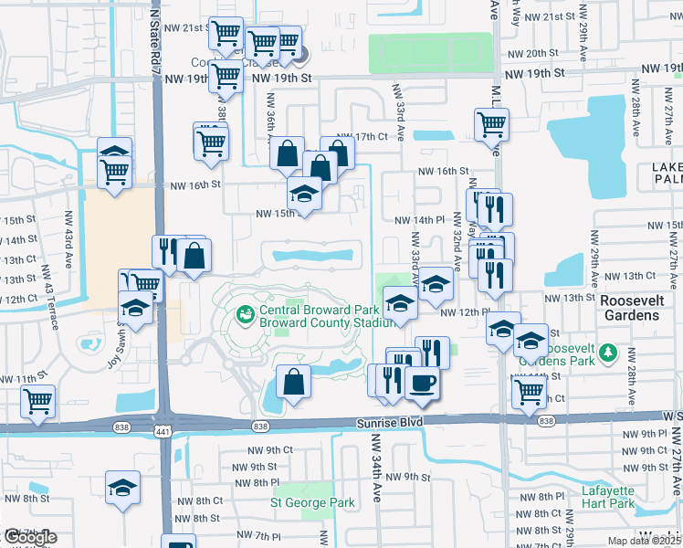 map of restaurants, bars, coffee shops, grocery stores, and more near 3450 Northwest 13th Street in Lauderhill