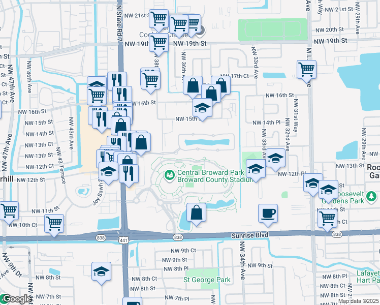 map of restaurants, bars, coffee shops, grocery stores, and more near 3584 Northwest 13th Street in Lauderhill