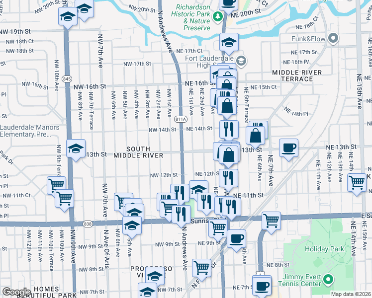 map of restaurants, bars, coffee shops, grocery stores, and more near 1244 Northeast 1st Avenue in Fort Lauderdale