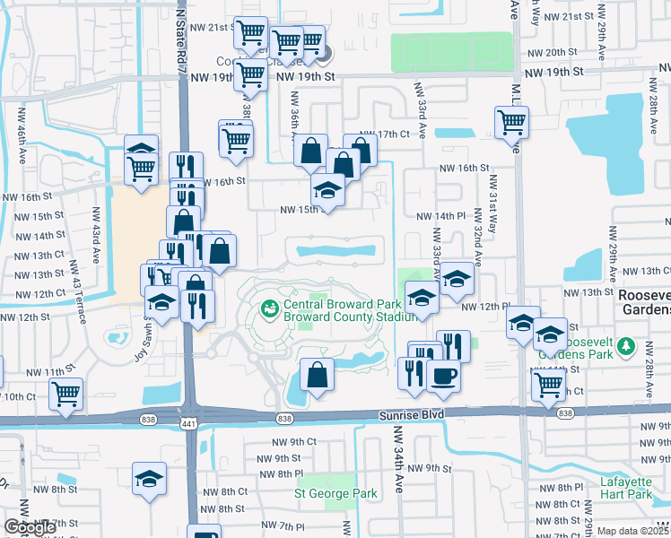 map of restaurants, bars, coffee shops, grocery stores, and more near 3518 Northwest 13th Street in Lauderhill
