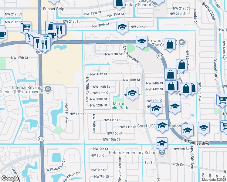 map of restaurants, bars, coffee shops, grocery stores, and more near 7330 Northwest 13th Court in Plantation