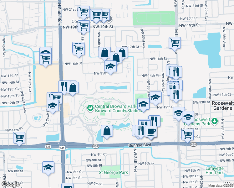 map of restaurants, bars, coffee shops, grocery stores, and more near 3450 Northwest 13th Street in Lauderhill