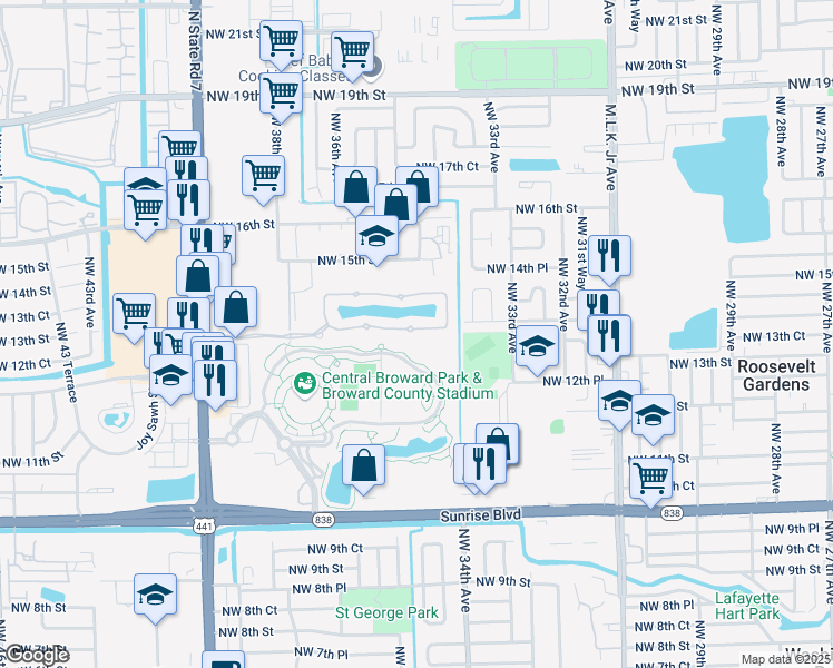 map of restaurants, bars, coffee shops, grocery stores, and more near 3450 Northwest 13th Street in Lauderhill