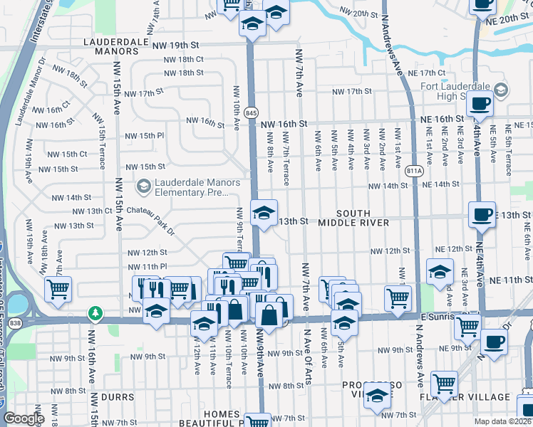 map of restaurants, bars, coffee shops, grocery stores, and more near 1300 Northwest 9th Avenue in Fort Lauderdale