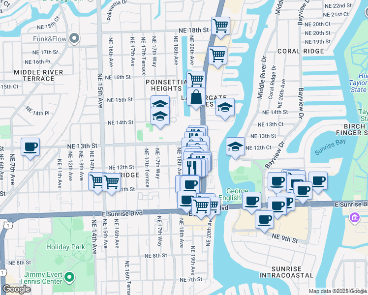 map of restaurants, bars, coffee shops, grocery stores, and more near 1223 Northeast 18th Avenue in Fort Lauderdale