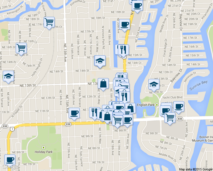 map of restaurants, bars, coffee shops, grocery stores, and more near 1223 Northeast 18th Avenue in Fort Lauderdale