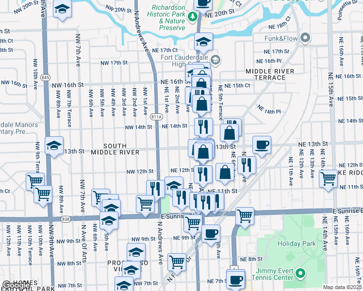 map of restaurants, bars, coffee shops, grocery stores, and more near 206 Northeast 13th Street in Fort Lauderdale