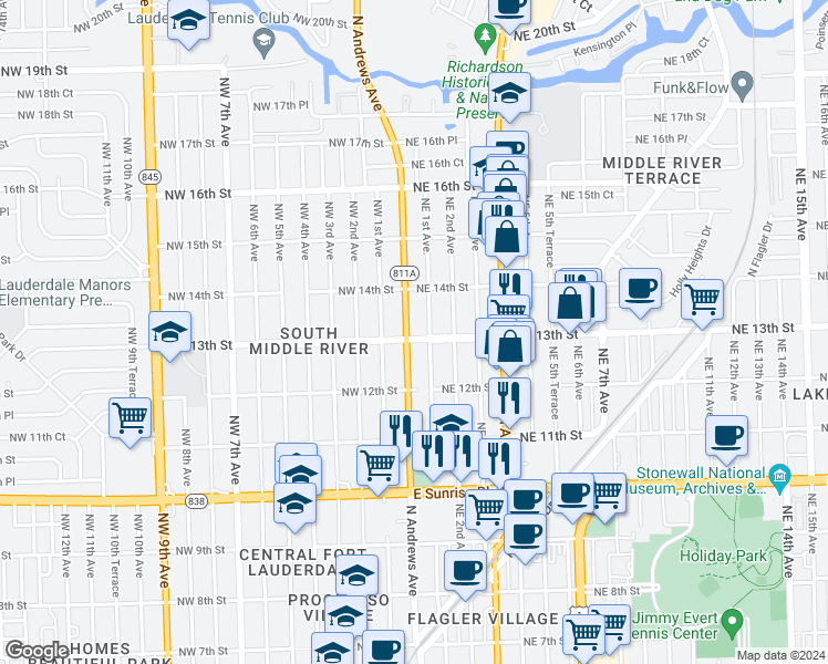 map of restaurants, bars, coffee shops, grocery stores, and more near 1244 Northeast 1st Avenue in Fort Lauderdale