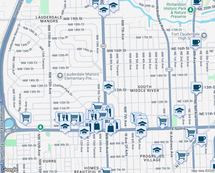 map of restaurants, bars, coffee shops, grocery stores, and more near 1300 Northwest 9th Avenue in Fort Lauderdale