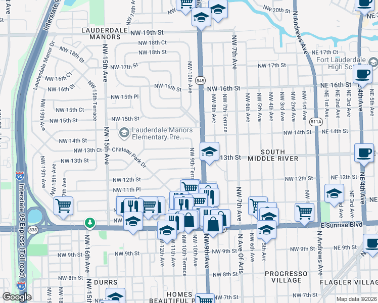 map of restaurants, bars, coffee shops, grocery stores, and more near 925 Northwest 13th Street in Fort Lauderdale