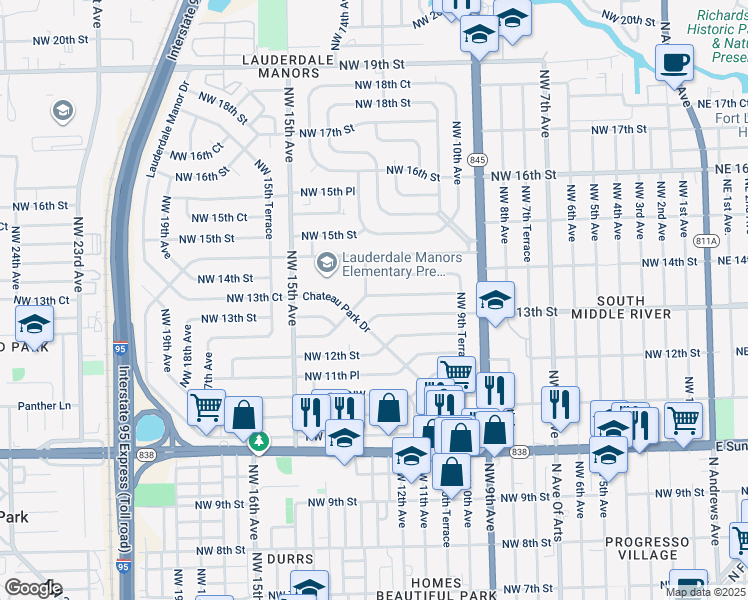 map of restaurants, bars, coffee shops, grocery stores, and more near 1055 Northwest 13th Street in Fort Lauderdale
