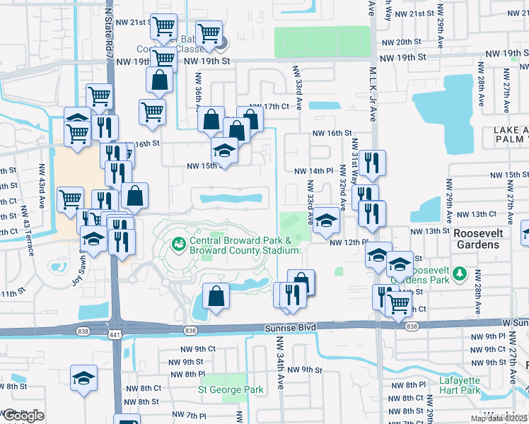 map of restaurants, bars, coffee shops, grocery stores, and more near 3400 Northwest 13th Street in Lauderhill