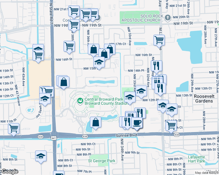 map of restaurants, bars, coffee shops, grocery stores, and more near 3450 Northwest 13th Street in Lauderhill