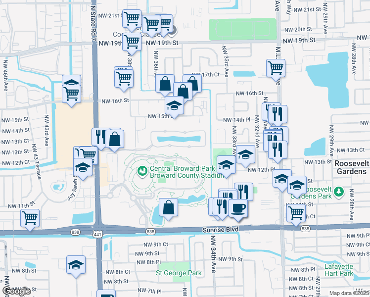 map of restaurants, bars, coffee shops, grocery stores, and more near 3450 Northwest 13th Street in Lauderhill