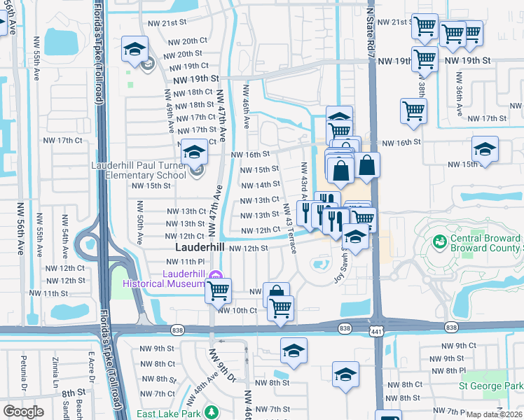 map of restaurants, bars, coffee shops, grocery stores, and more near 4430 Northwest 13th Street in Lauderhill