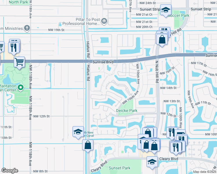map of restaurants, bars, coffee shops, grocery stores, and more near 1289 Northwest 108th Avenue in Plantation