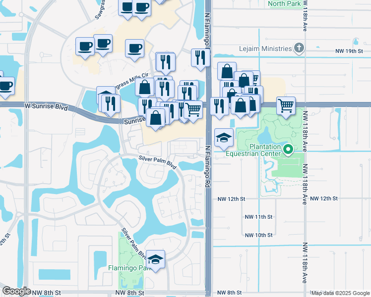 map of restaurants, bars, coffee shops, grocery stores, and more near 1501 Northwest 124th Terrace in Sunrise