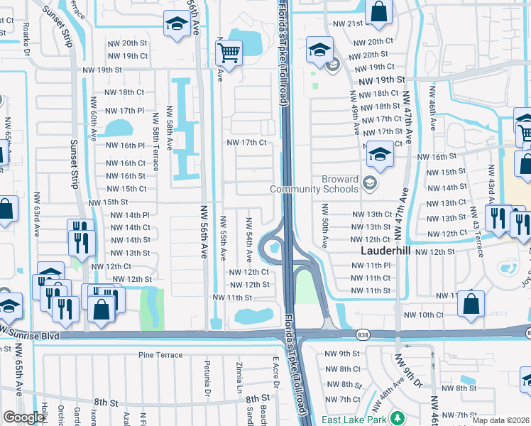 map of restaurants, bars, coffee shops, grocery stores, and more near 5261 Northwest 14th Place in Lauderhill