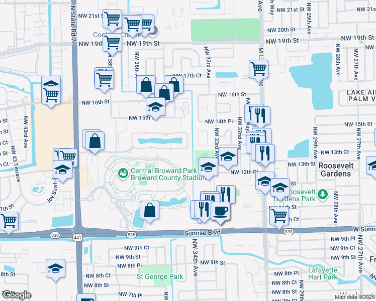 map of restaurants, bars, coffee shops, grocery stores, and more near 3400 Northwest 13th Street in Lauderhill
