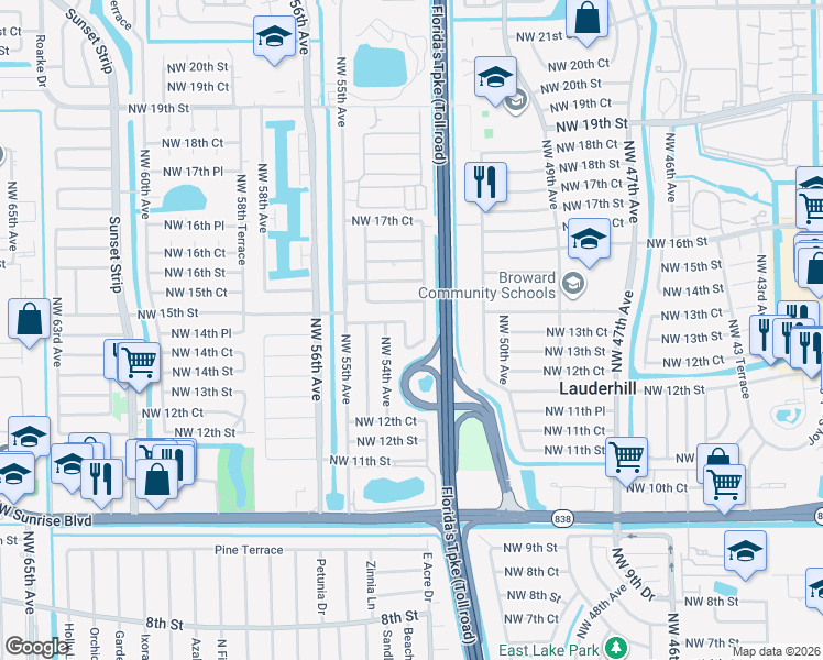 map of restaurants, bars, coffee shops, grocery stores, and more near 5261 Northwest 14th Place in Lauderhill