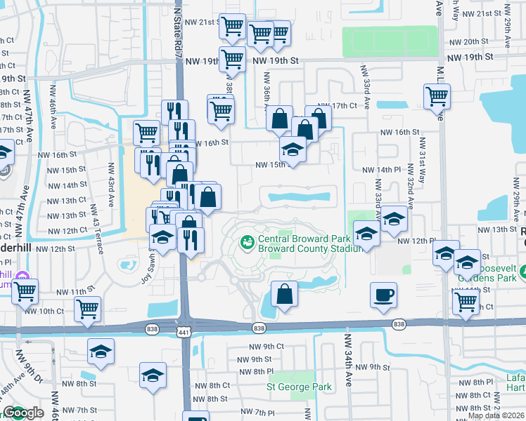 map of restaurants, bars, coffee shops, grocery stores, and more near 3612 Northwest 13th Street in Lauderhill