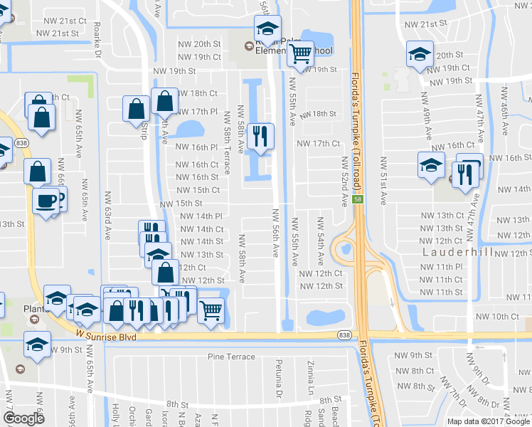 map of restaurants, bars, coffee shops, grocery stores, and more near 5600 Northwest 14th Court in Lauderhill
