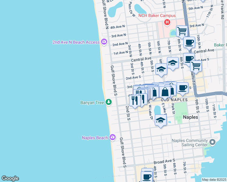 map of restaurants, bars, coffee shops, grocery stores, and more near 25 4th Avenue South in Naples
