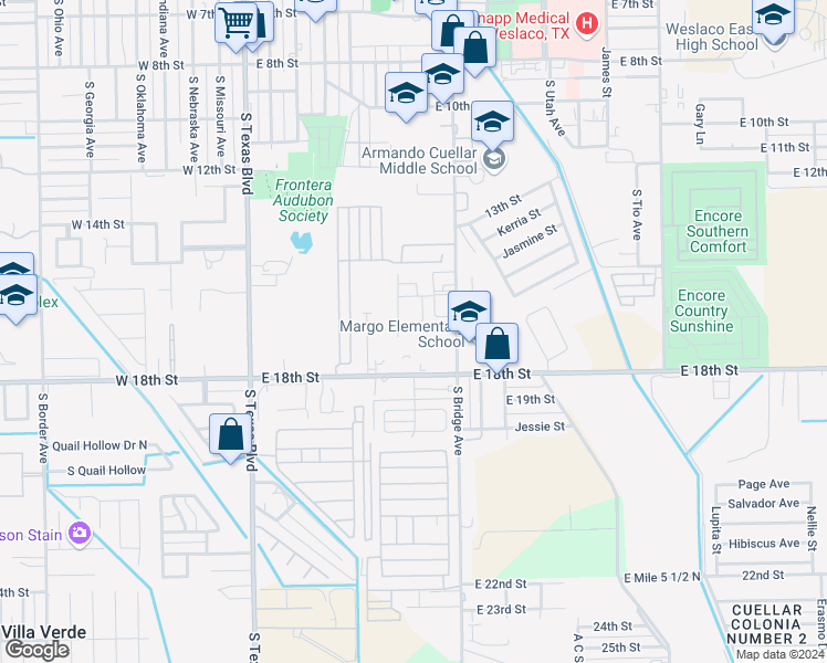 map of restaurants, bars, coffee shops, grocery stores, and more near 1612 Orange Avenue in Weslaco