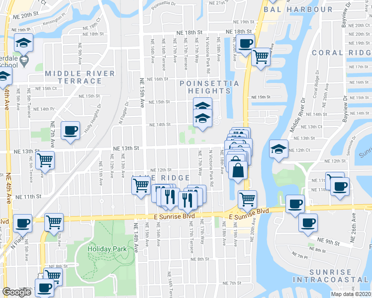 map of restaurants, bars, coffee shops, grocery stores, and more near 1228 Northeast 17th Avenue in Fort Lauderdale