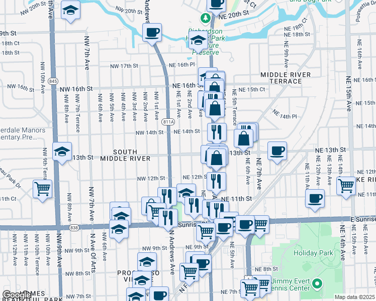 map of restaurants, bars, coffee shops, grocery stores, and more near 1244 Northeast 1st Avenue in Fort Lauderdale