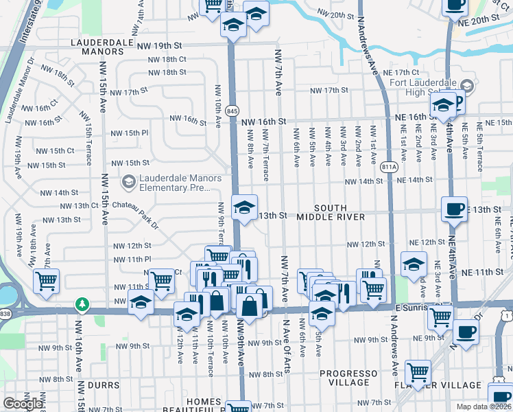 map of restaurants, bars, coffee shops, grocery stores, and more near 1301 Northwest 7th Terrace in Fort Lauderdale