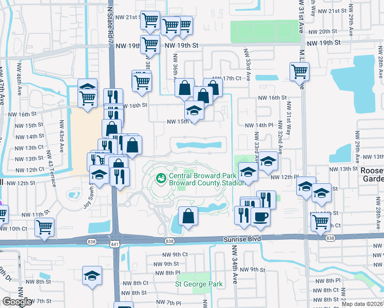 map of restaurants, bars, coffee shops, grocery stores, and more near 3518 Northwest 13th Street in Lauderhill