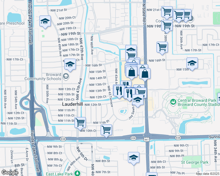 map of restaurants, bars, coffee shops, grocery stores, and more near 24 Northwest 43 Terrace in Lauderhill