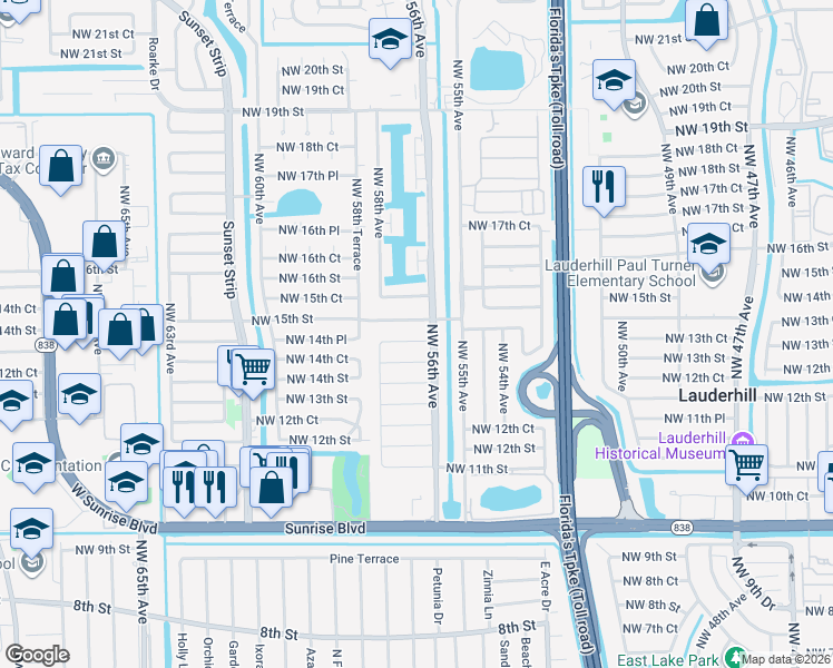 map of restaurants, bars, coffee shops, grocery stores, and more near 5600 Northwest 14th Court in Lauderhill