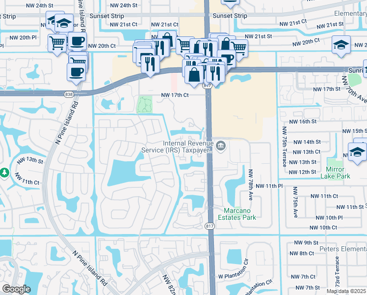 map of restaurants, bars, coffee shops, grocery stores, and more near 1368 Northwest 81st Avenue in Plantation