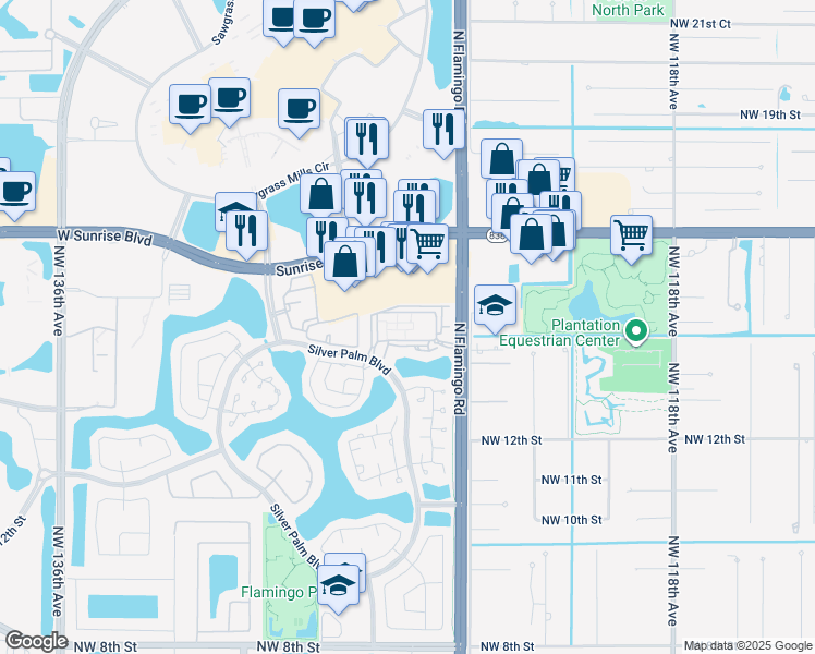 map of restaurants, bars, coffee shops, grocery stores, and more near 1501 Northwest 124th Terrace in Sunrise